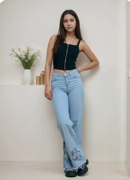 Bottom Embroidered Wide-Leg Jeans