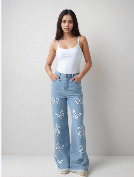 Blue Butterfly Print Wide-Leg Jean