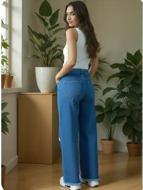 Blue Butterfly Print Wide-Leg Jeans