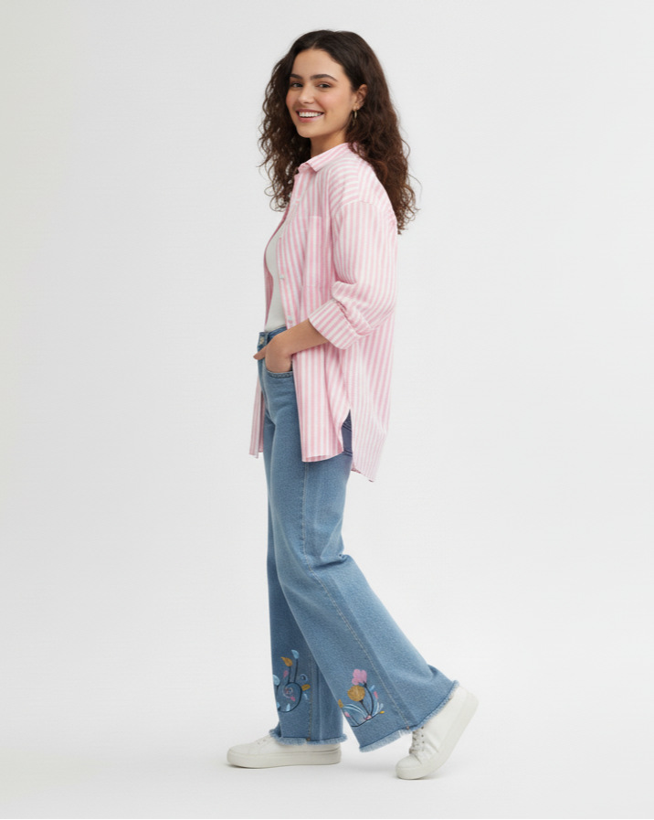 Multi-Color Embroidered Wide-Leg Jeans