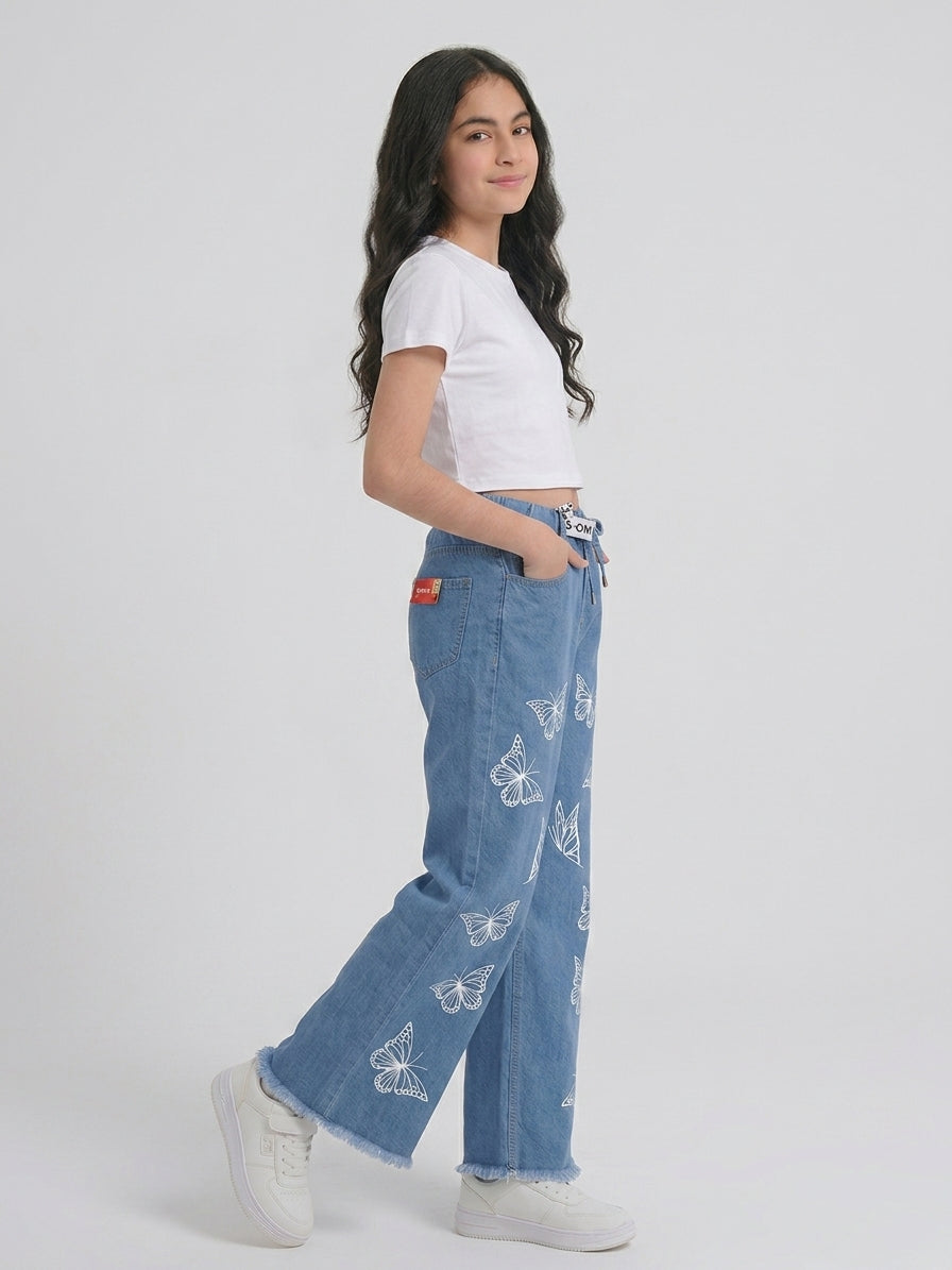 Teen Light Blue Butterfly Print Wide-Leg Jeans