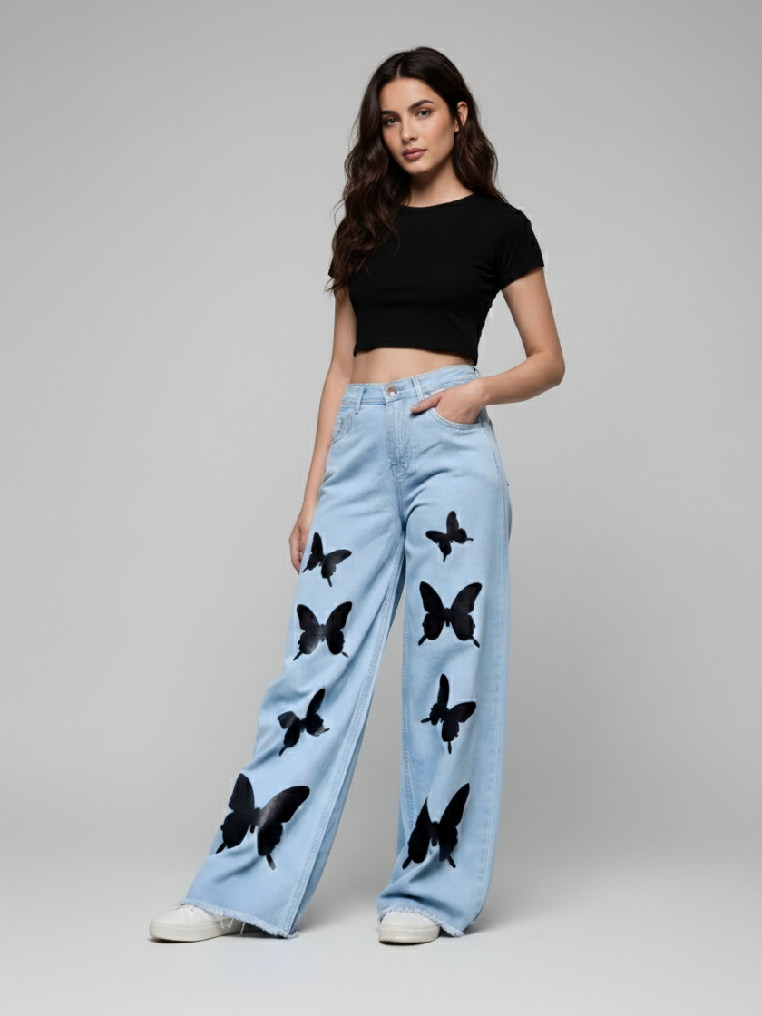 Blue Wide-Leg Jeans with black Butterfly Print