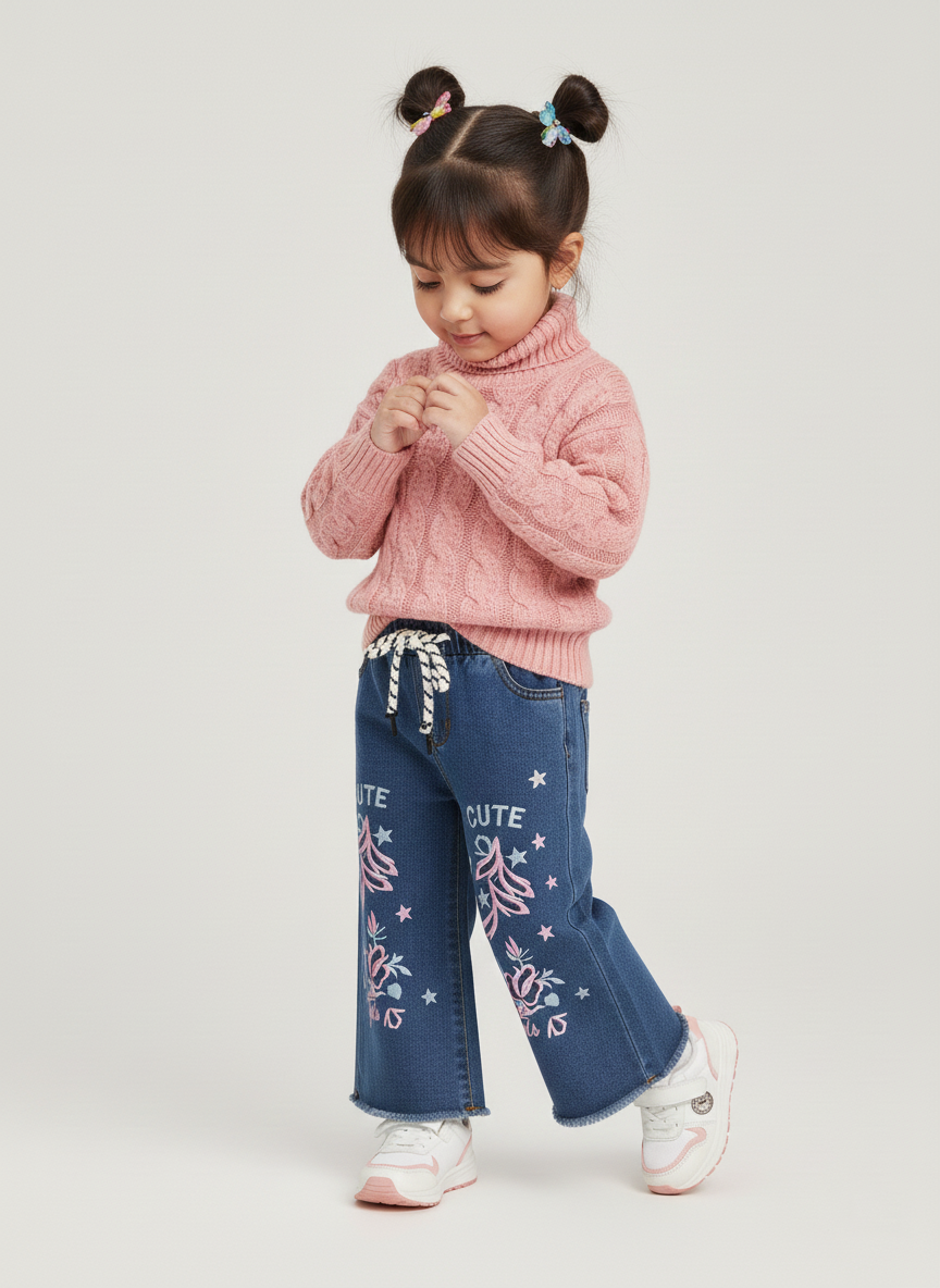 Toddler Light Blue Embroidered Wide-Leg Jeans