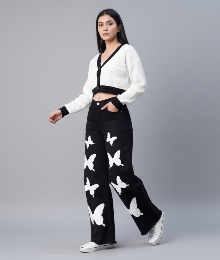 Black Wide-Leg Jeans with white Butterfly Print