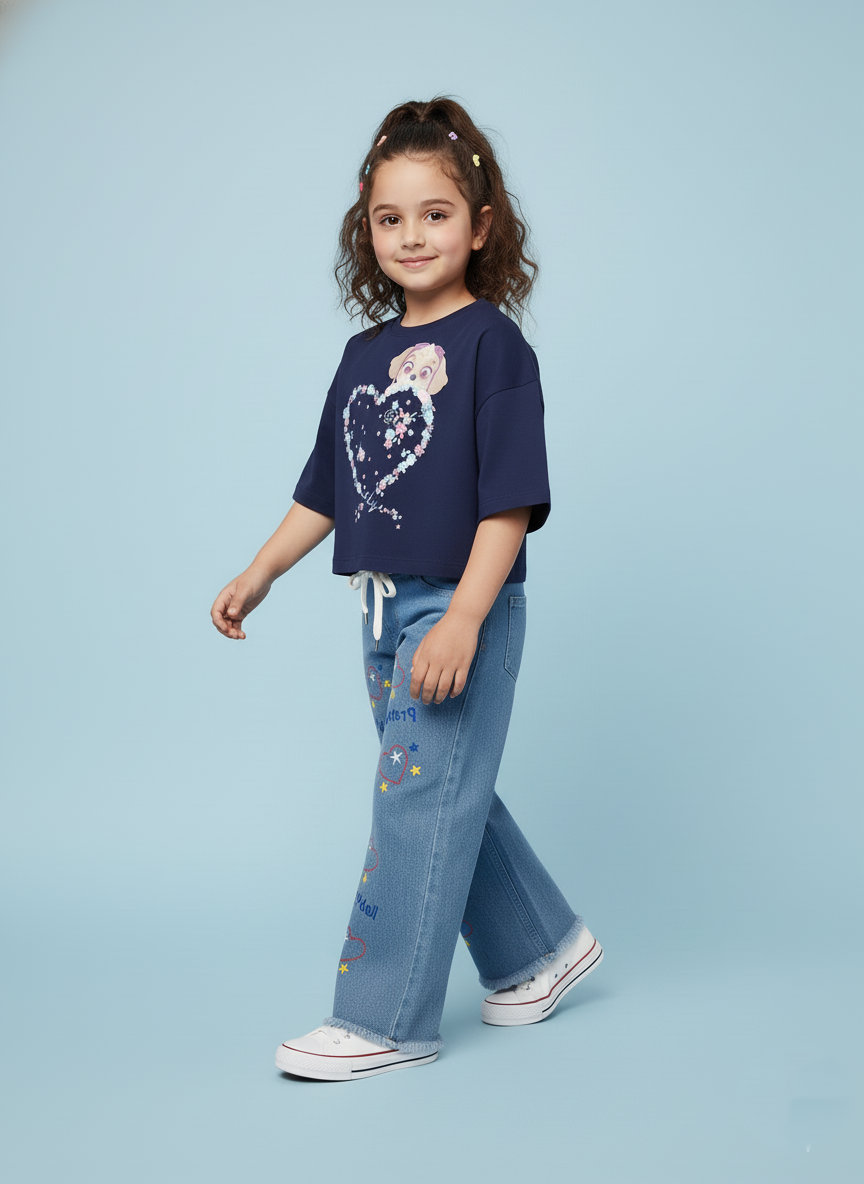 Kids Classic Blue Embroidered Wide-Leg Jeans