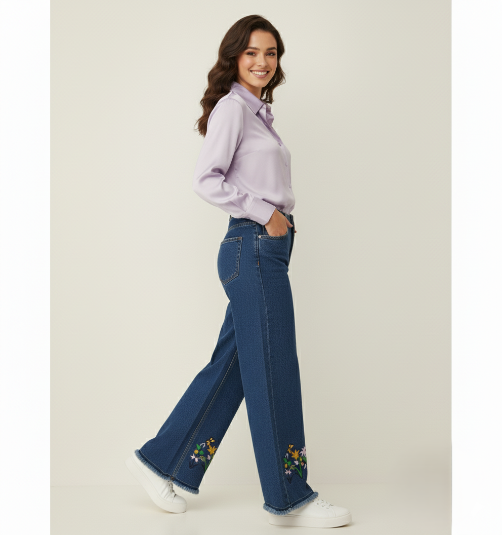 Navy Blue Bottom Embroidered Wide-Leg Jeans