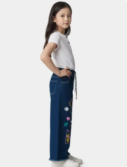 Kids Multicolor Embroidered Wide-Leg Jeans with Graphic Prints
