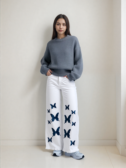 White Wide-Leg Jeans with Black Butterfly Print