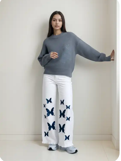 White Wide-Leg Jeans with Black Butterfly Print
