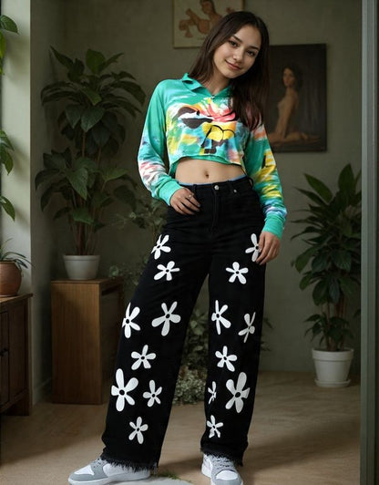 Black Wide-Leg Jeans with White Floral Print