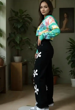 Black Wide-Leg Jeans with White Floral Print