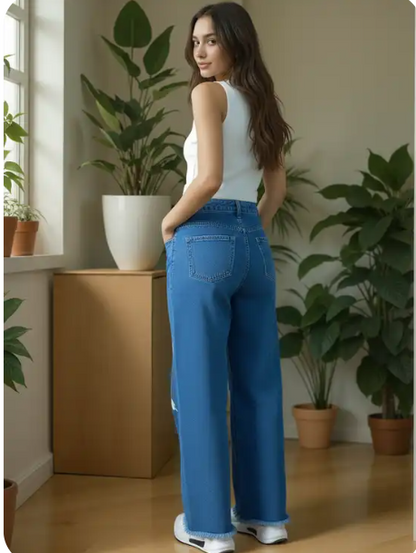 Blue Butterfly Print Wide-Leg Jeans