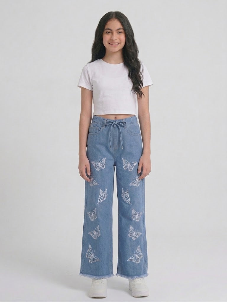 Teen Light Blue Butterfly Print Wide-Leg Jeans