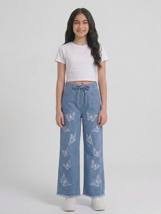Teen Light Blue Butterfly Print Wide-Leg Jeans
