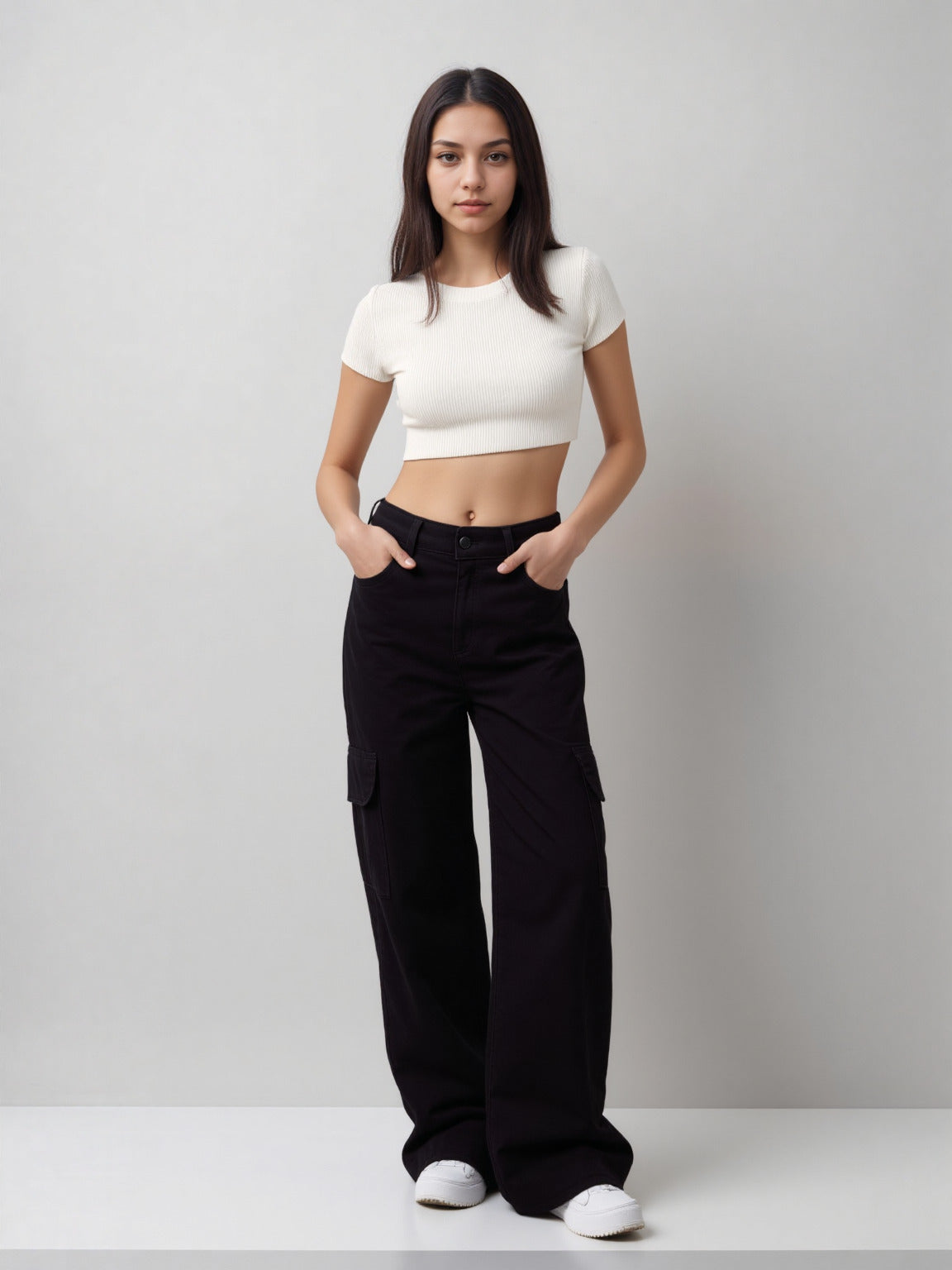 Athen Styles – Pure Black Cargo Wide-Leg Jeans