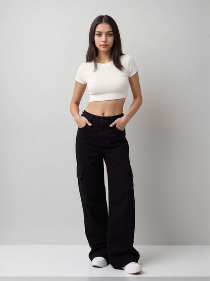 Athen Styles – Pure Black Cargo Wide-Leg Jeans