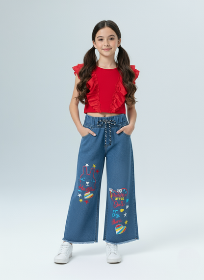 Kids Blue Jeans with  Multicolor Embroidered Wide-Leg Jeans