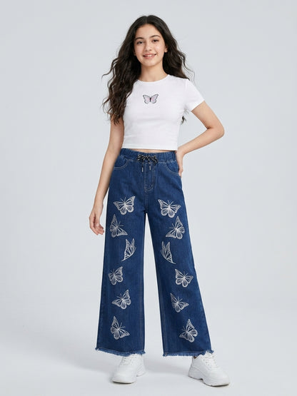 Teen Dark Blue Butterfly Print Wide-Leg Jeans