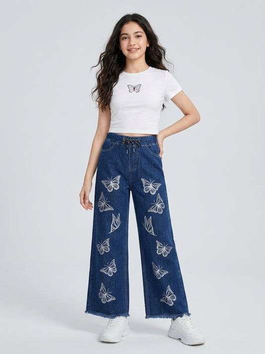 Teen Dark Blue Butterfly Print Wide-Leg Jeans