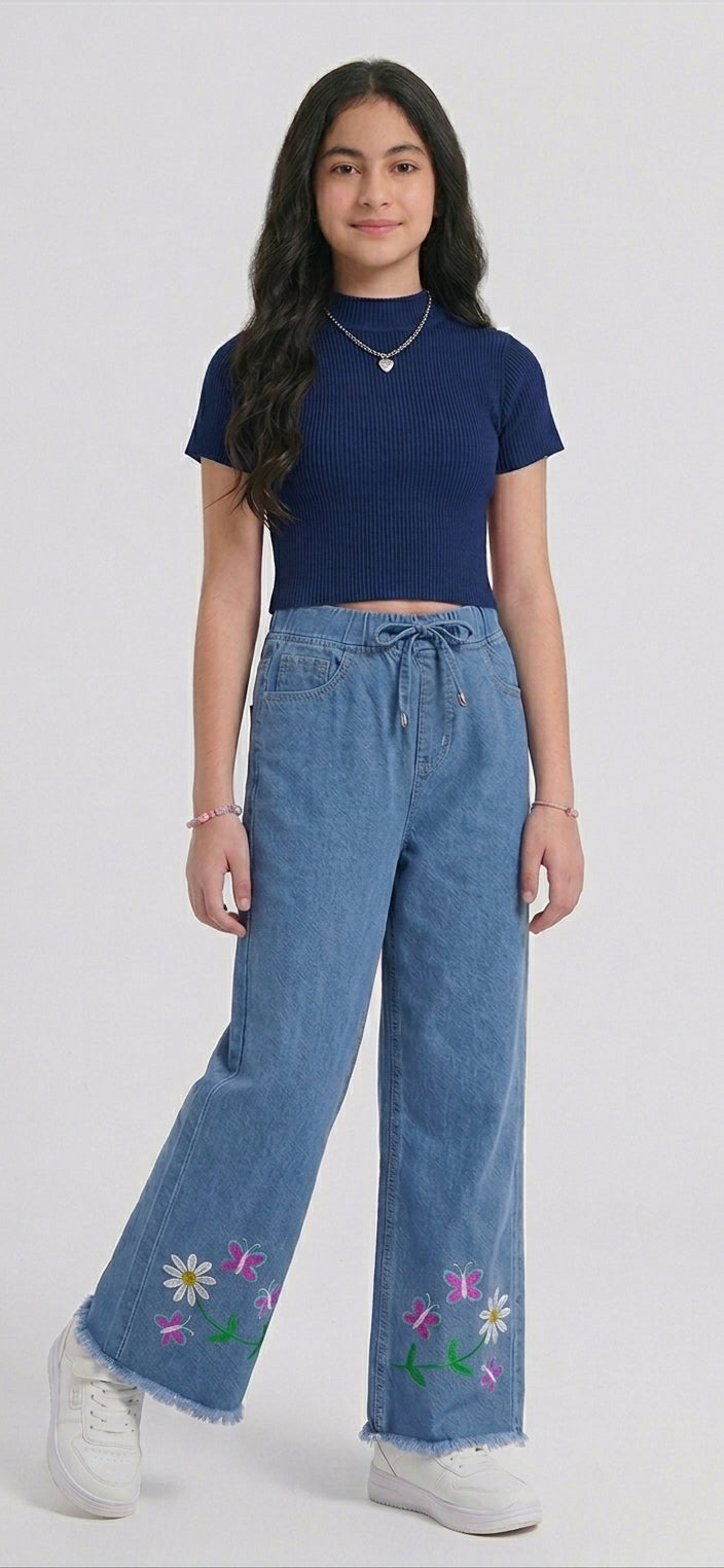Teen  Bottom Embroidered Wide-Leg Jeans