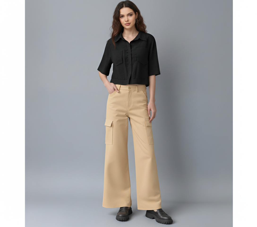 Athen Styles –Skin/Beige Wide-Leg Cargo Jeans