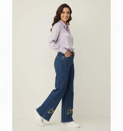Navy Blue Bottom Embroidered Wide-Leg Jeans