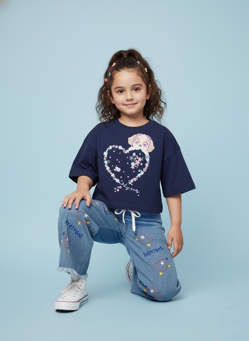 Kids Classic Blue Embroidered Wide-Leg Jeans