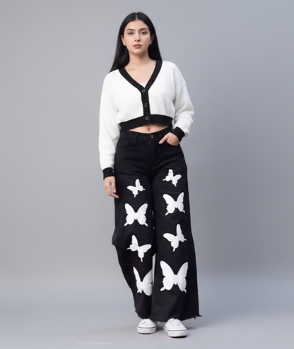 Black Wide-Leg Jeans with white Butterfly Print