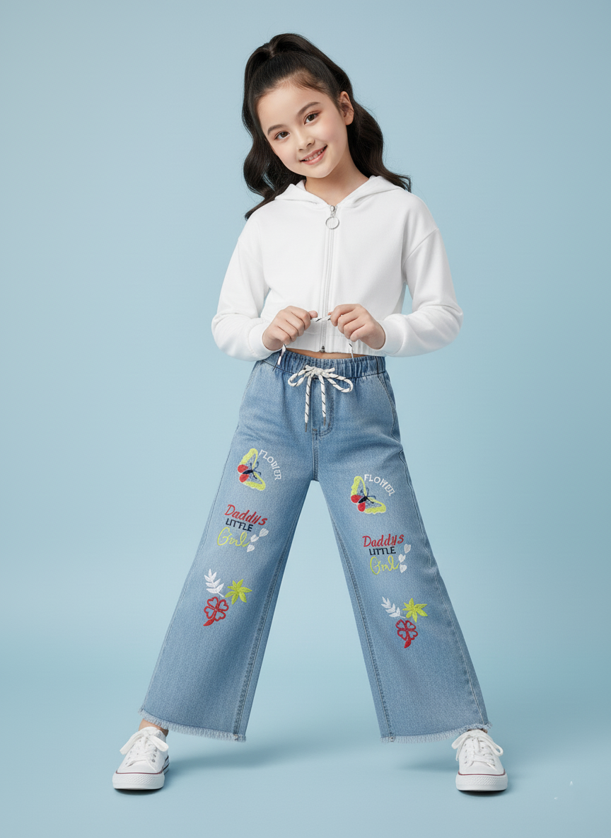 Kids Light Blue Embroidered Wide-Leg Jeans