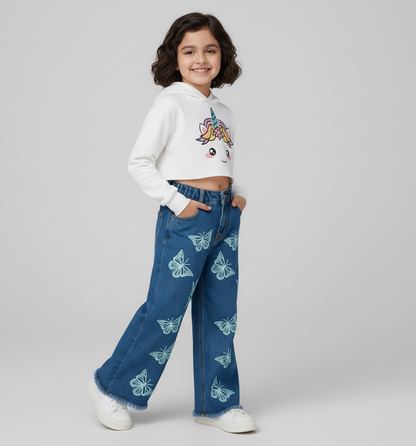Kids  light Blue butterfly Printed Jeans