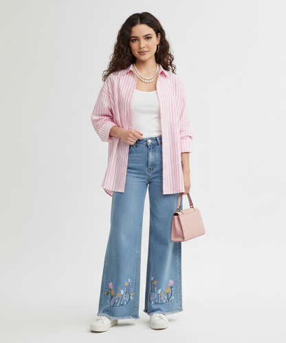 Multi-Color Embroidered Wide-Leg Jeans