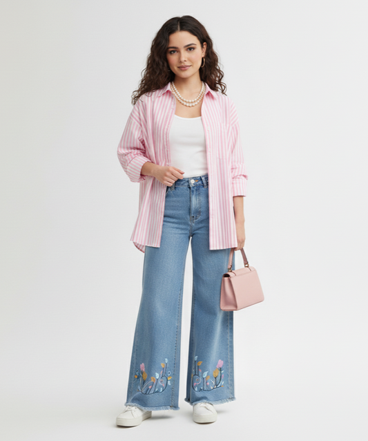 Multi-Color Embroidered Wide-Leg Jeans