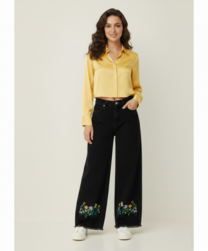 Black Bottom Embroidered Wide-Leg Jeans