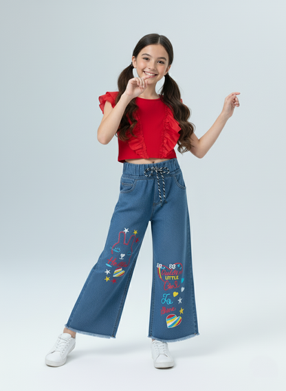Kids Blue Jeans with  Multicolor Embroidered Wide-Leg Jeans