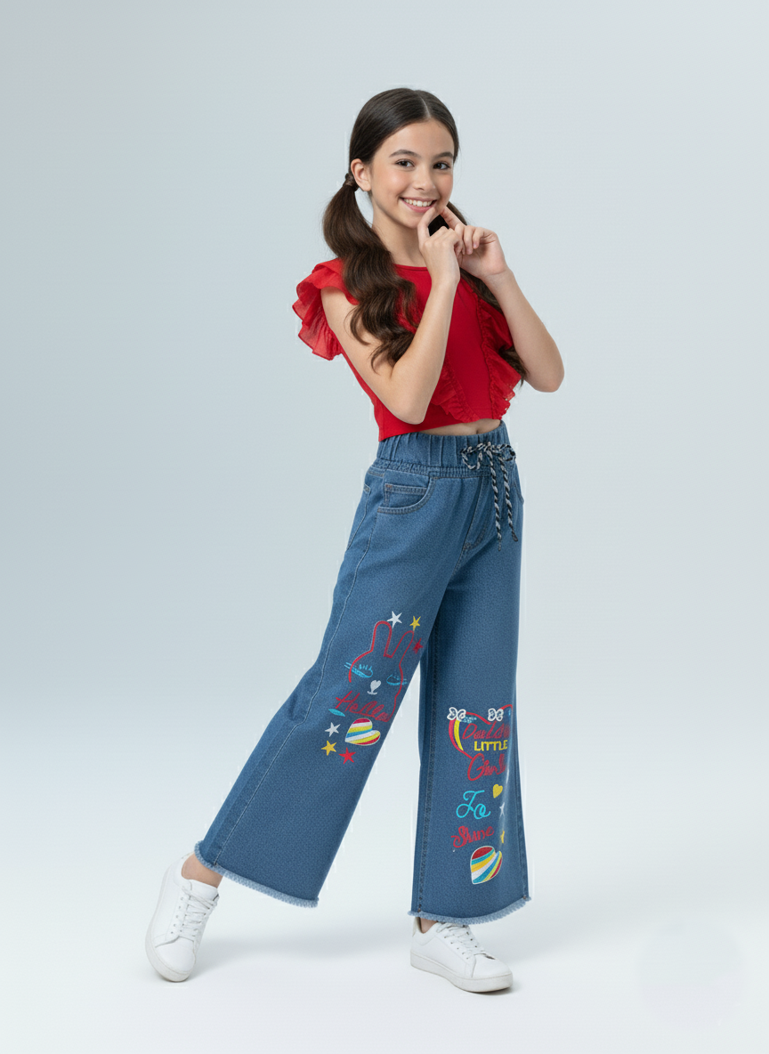 Kids Blue Jeans with  Multicolor Embroidered Wide-Leg Jeans