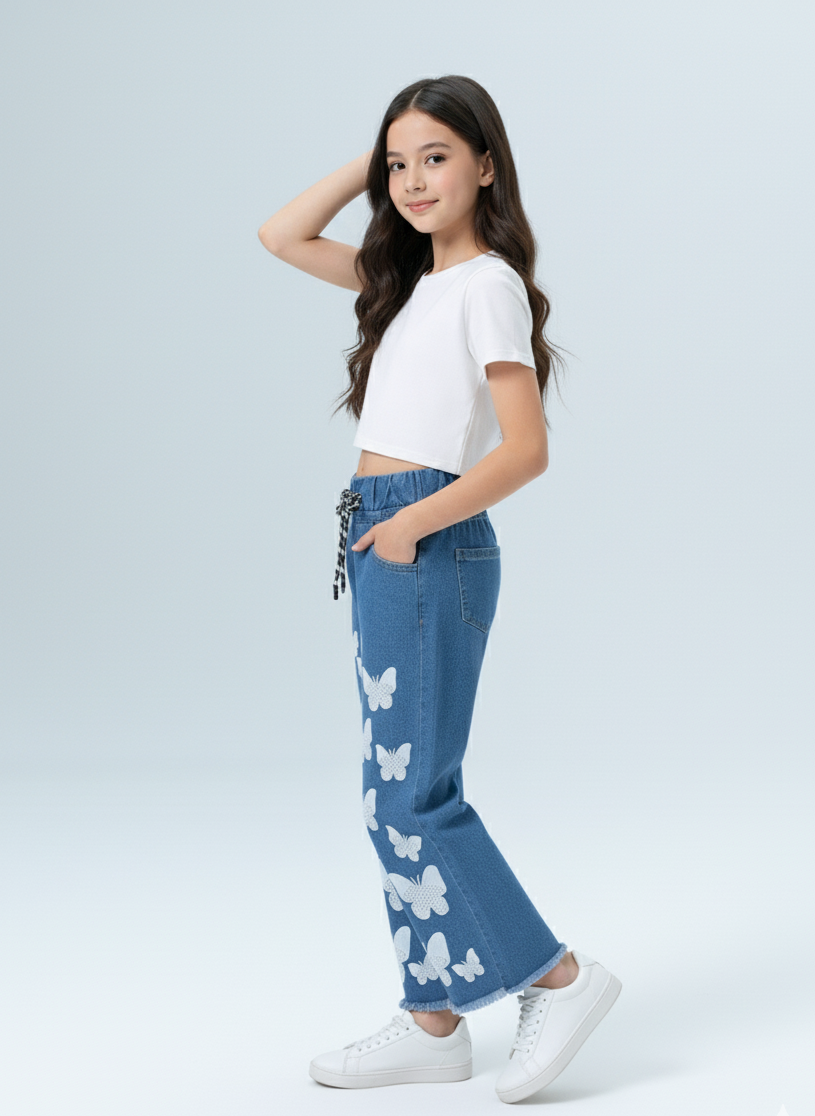 Kids  Blue Printed butterfly jeans