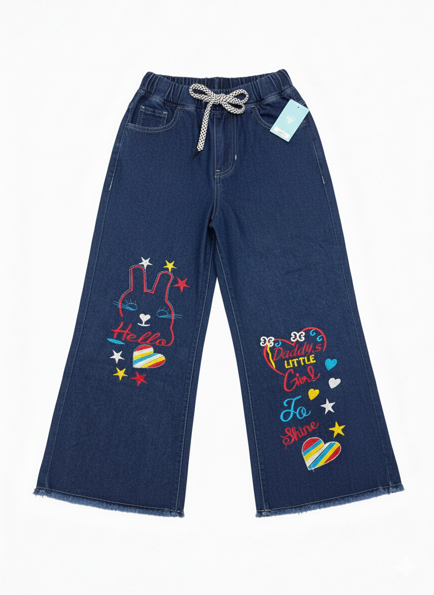 Kids Blue Jeans with  Multicolor Embroidered Wide-Leg Jeans