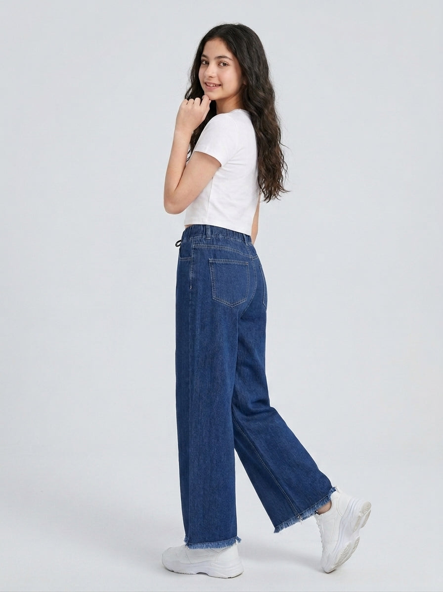 Teen Dark Blue Butterfly Print Wide-Leg Jeans
