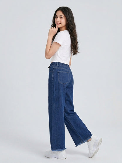 Teen Dark Blue Butterfly Print Wide-Leg Jeans