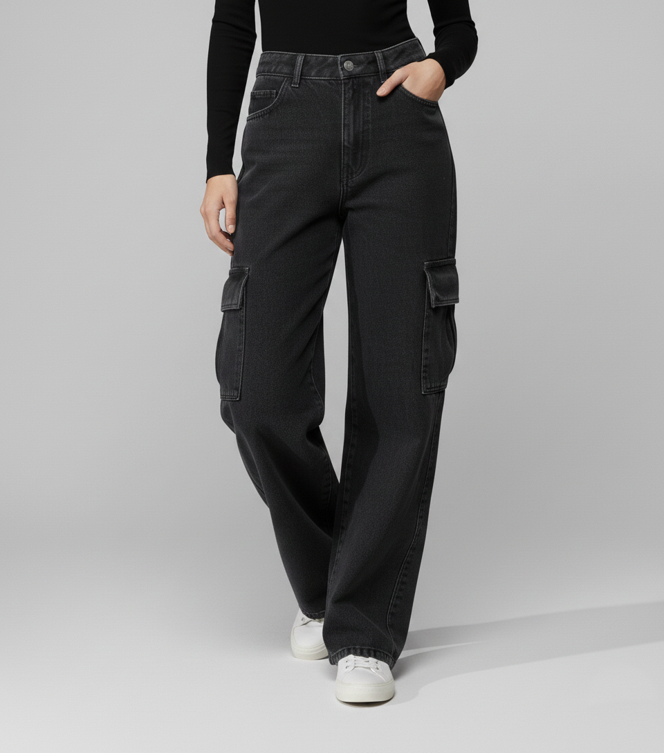 Athen Styles –Charcoal Grey Wide-Leg Cargo Jeans