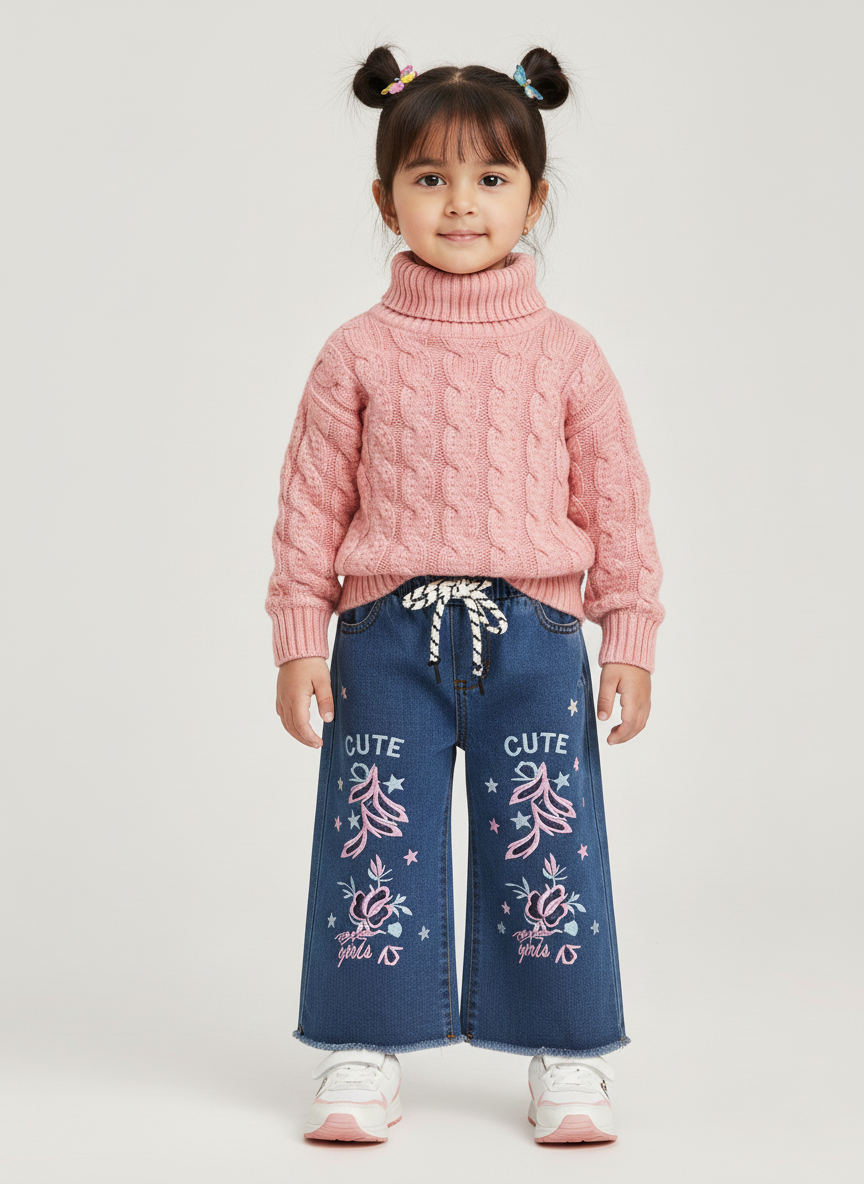 Toddler Light Blue Embroidered Wide-Leg Jeans