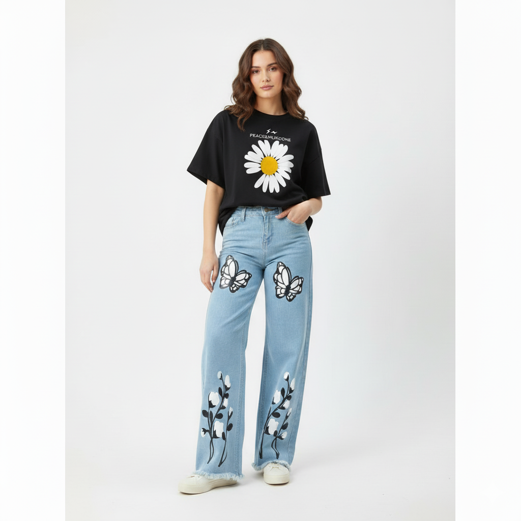 FlutterBloom Wide-Leg Denim