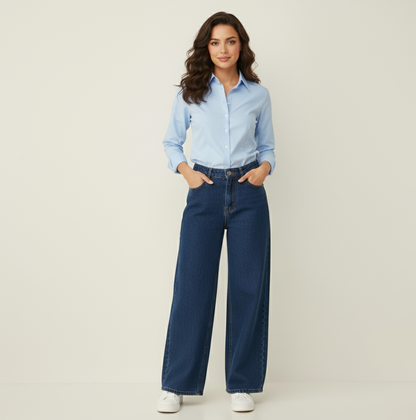 Navy Blue  Straight Wide-Leg Jeans