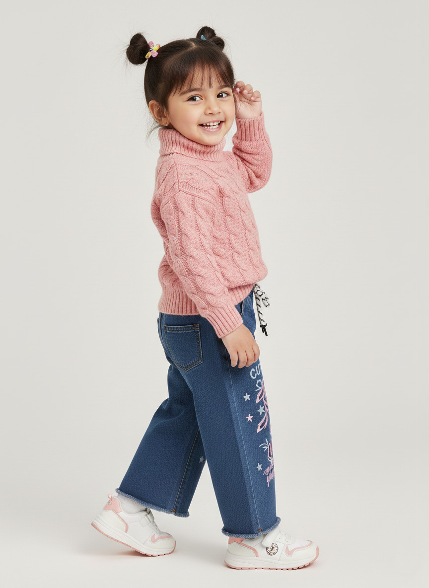 Toddler Light Blue Embroidered Wide-Leg Jeans