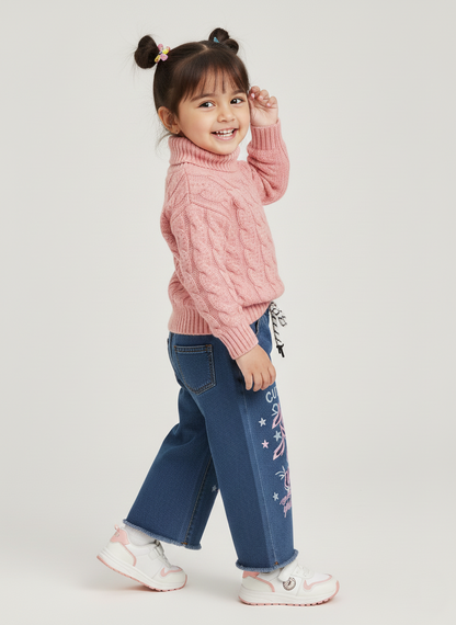 Toddler Light Blue Embroidered Wide-Leg Jeans