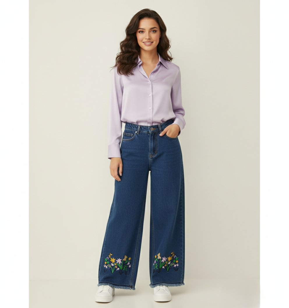 Navy Blue Bottom Embroidered Wide-Leg Jeans