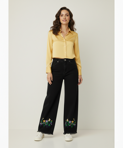 Black Bottom Embroidered Wide-Leg Jeans