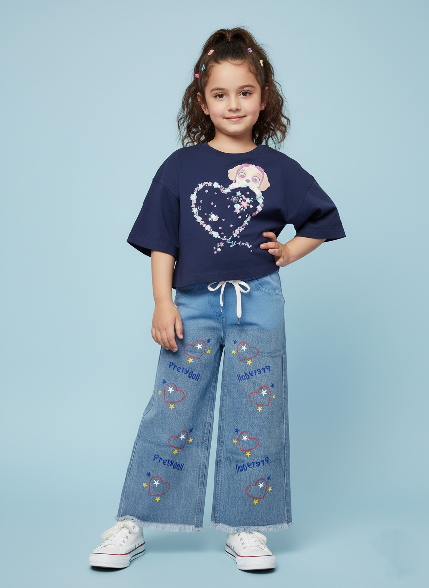 Kids Classic Blue Embroidered Wide-Leg Jeans