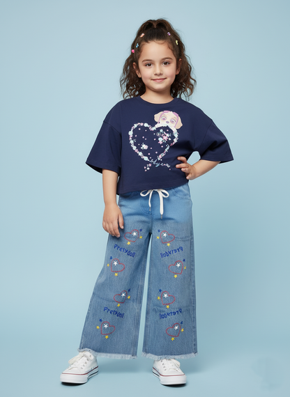 Kids Classic Blue Embroidered Wide-Leg Jeans