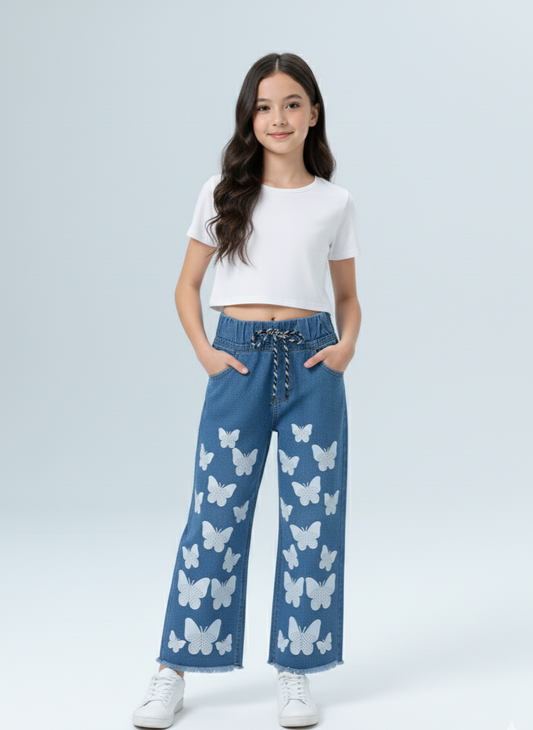Kids  Blue Printed butterfly jeans